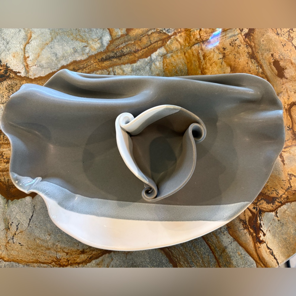 🔥 Hilborn Pottery Chip & Dip Bowls 🩶 Set Platter Wrinkle Grey Stripe RARE